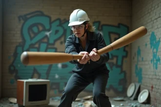 Femme en combinaison de protection frappant des objets dans une rage room à Lyon avec une batte de baseball
