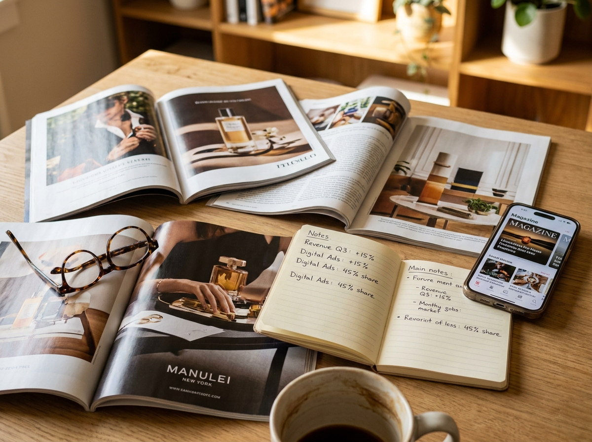 Vue en plongée d'un bureau avec magazines imprimés ouverts sur des publicités, smartphone affichant une application de presse numérique et notes manuscrites sur la mutation économique du secteur de la presse.