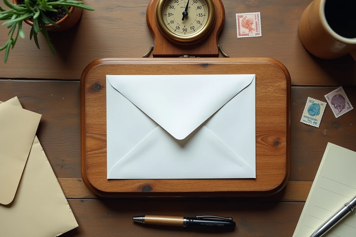 Vue aérienne d'une enveloppe posée sur une balance postale ancienne entourée de timbres et d'un stylo, pour illustrer le poids idéal d'un courrier
