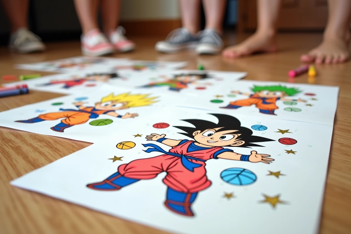 Gros plan sur des coloriages Dragon Ball terminés posés sur un parquet en bois entourés de crayons et confettis