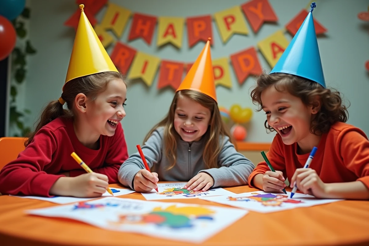 Groupe d'enfants coloriant des feuilles Dragon Ball autour d'une table lors d'un anniversaire décoré