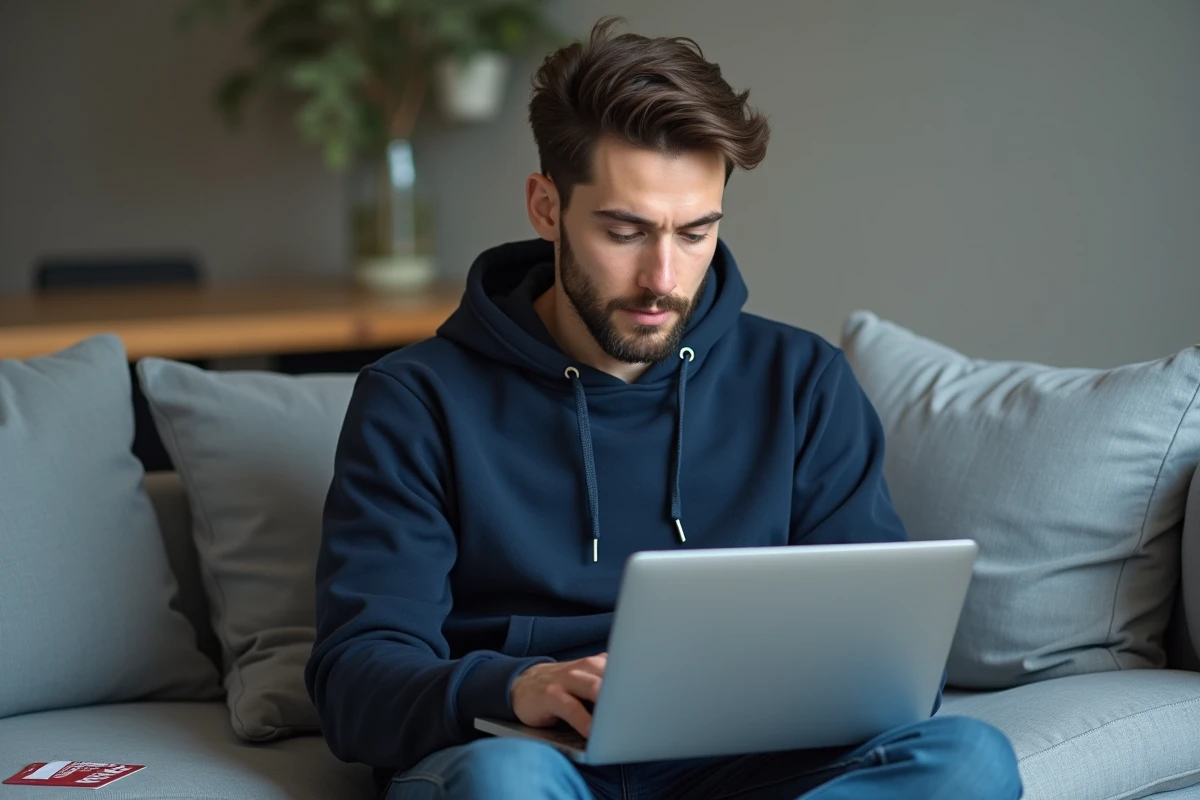 Homme saisissant un code de carte illicado sur son ordinateur portable pour un achat Amazon