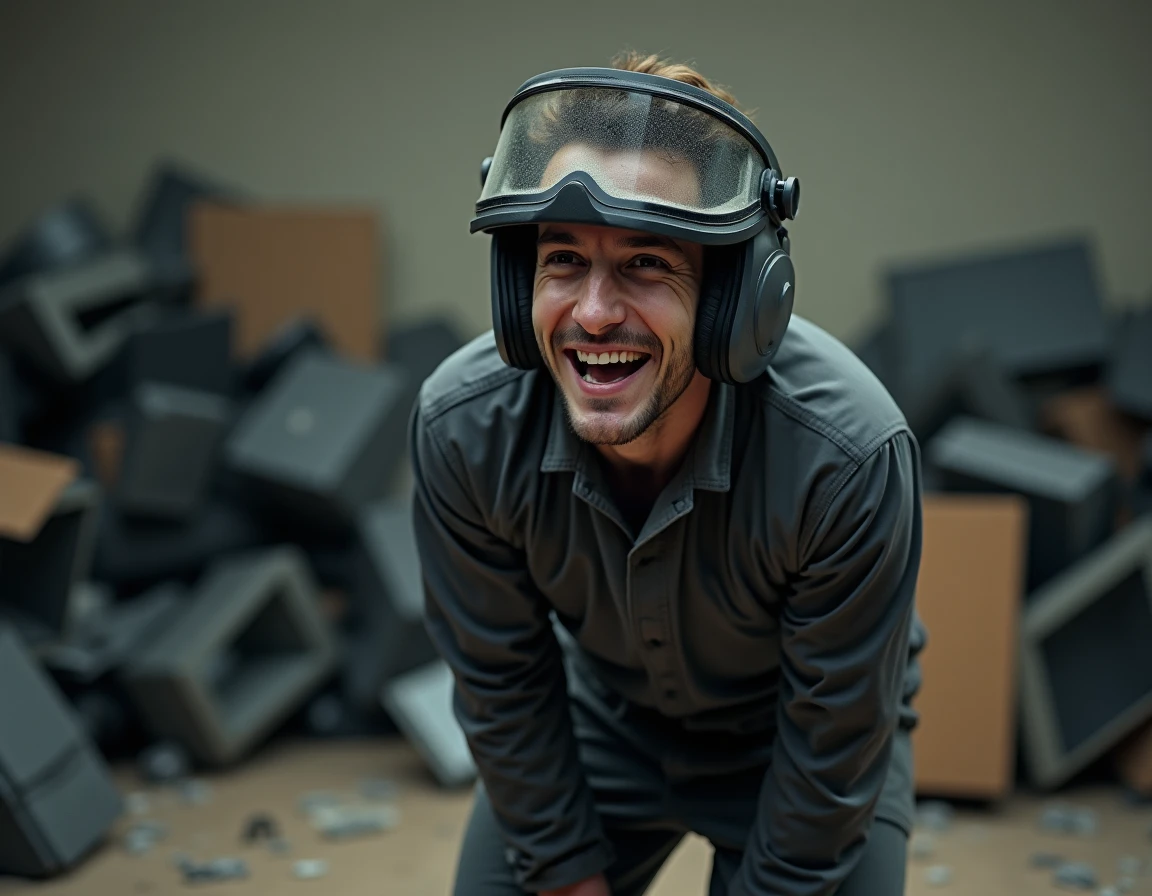 Homme souriant après une session de défoulement dans une rage room, portant un équipement de protection complet