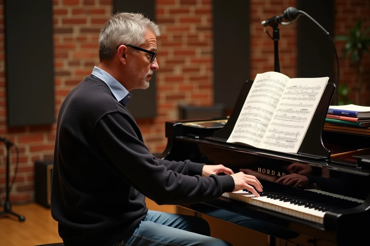 Homme jouant du piano en studio de répétition avec une fiche d'accords et un micro, accompagnant le chant
