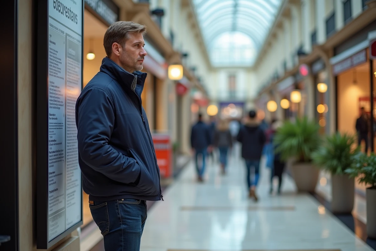 Homme consultant un plan de centre commercial pour trouver un magasin ouvert à Montpellier