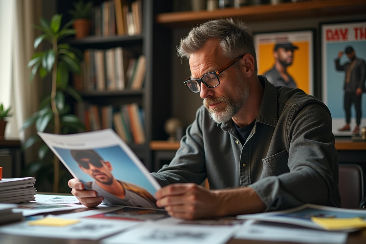 Journaliste musical analysant des articles et photos sur la taille de Lacrim dans un bureau rempli de magazines de rap
