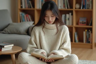 Jeune femme lisant un manga dans un appartement moderne au style japonais, entourée de volumes colorés