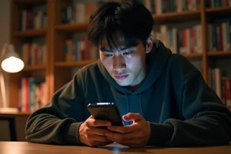 Jeune homme lisant le scan One Piece sur smartphone dans une chambre avec des volumes manga en arrière-plan