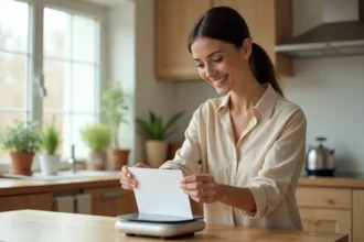 Femme pesant une enveloppe sur une balance postale dans une cuisine, pour vérifier le poids avant d'apposer un timbre