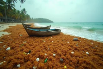 Plage de Guadeloupe envahie par les algues sargasses formant un tapis dense sur le rivage avec des barques de pêcheurs ensablées