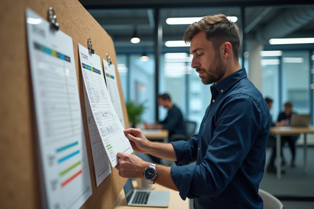 Homme en bureau professionnel consultant un planning mensuel 2026 imprimé épinglé sur tableau en liège