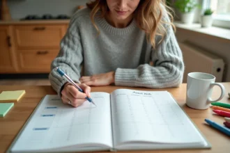 Femme écrivant dans un planning mensuel 2026 imprimé à la table de cuisine familiale avec marqueurs et notes colorées