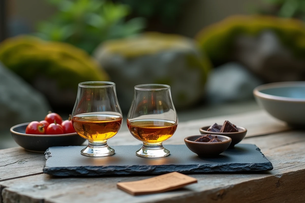 Plateau de dégustation de whisky japonais avec verres ambrés, chocolat noir et fruits secs sur une ardoise