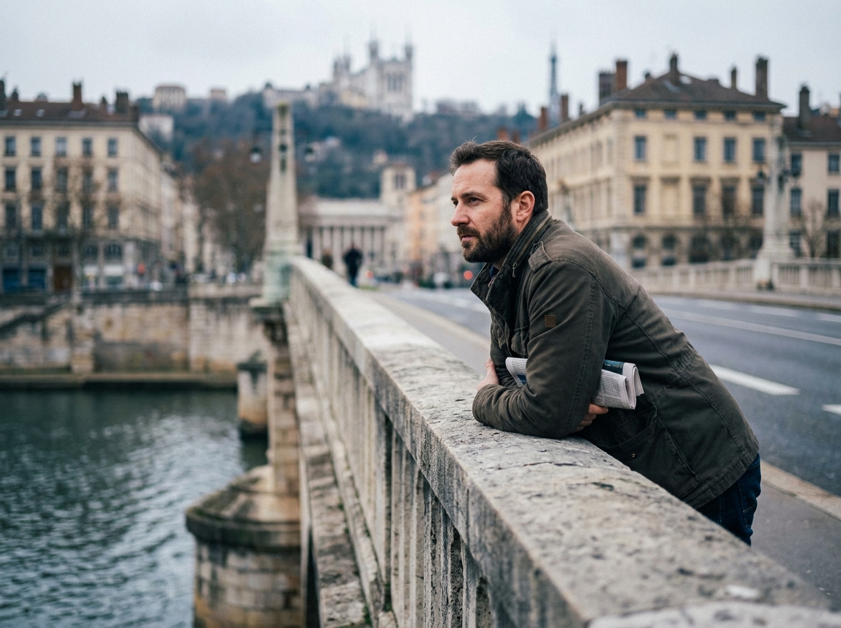 Homme contemplant la Saône depuis le Pont Bonaparte avec la colline de Fourvière en arrière-plan à Lyon