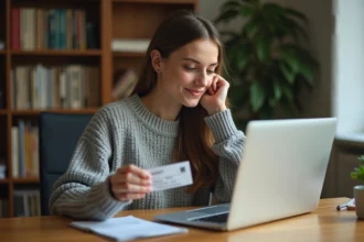 Jeune femme tenant un billet de concert et consultant son ordinateur portable pour le revendre en ligne sans frais cachés