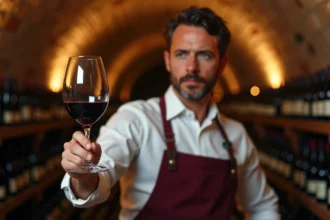 Sommelier tenant un verre de vin de Bourgogne rouge profond dans une cave à vin française traditionnelle aux murs en pierre