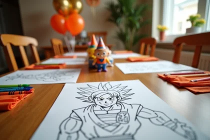Table d'anniversaire Dragon Ball avec coloriages, crayons colorés et décorations festives orange et or