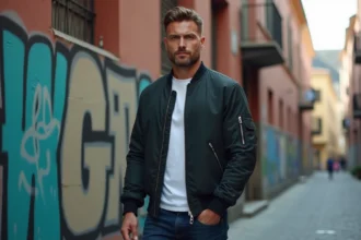 Rappeur grand et musclé en blouson bomber devant un mur de graffitis urbains, illustrant la taille imposante de Lacrim