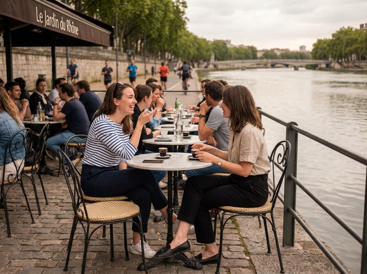 Deux femmes discutant en terrasse d'un café au bord du Rhône dans la Presqu'île de Lyon