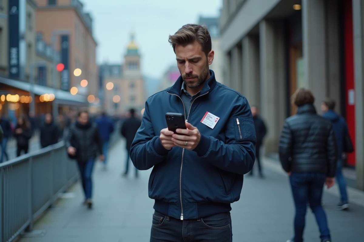 Homme consultant son smartphone devant une salle de concert pour vendre un billet au meilleur prix