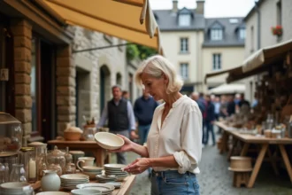 Femme examinant une vaisselle ancienne sur un stand de vide grenier en Bretagne, département du Finistère