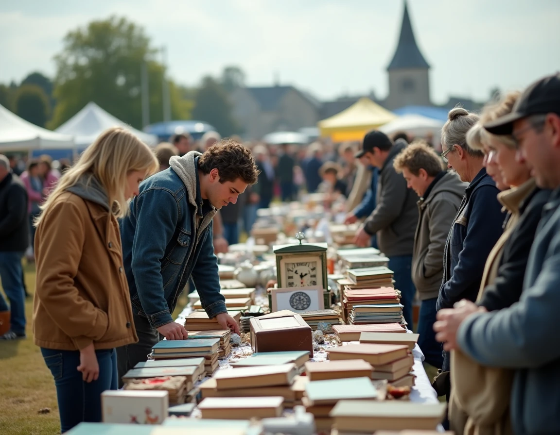 Vue d'ensemble animée d'un grand vide grenier en plein air dans la campagne du Finistère avec nombreux visiteurs