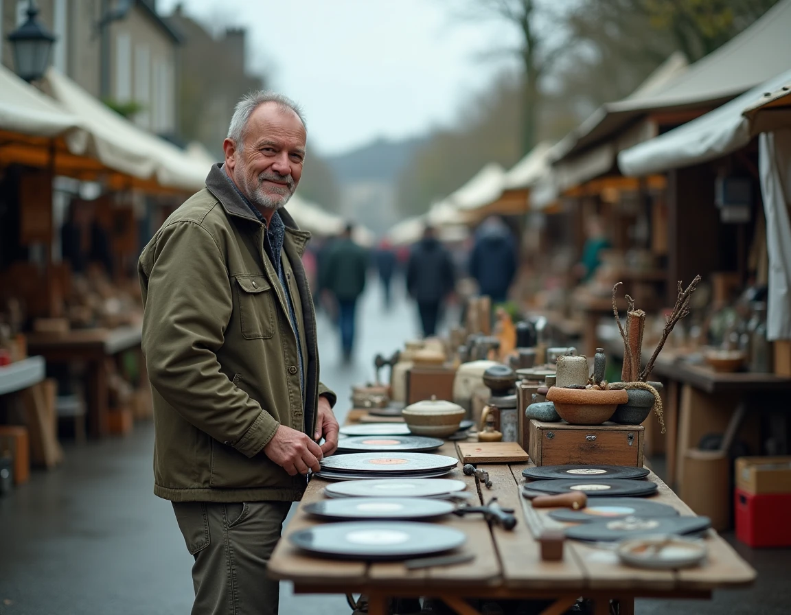 Vendeur présentant des objets vintage et disques vinyles lors d'un vide grenier dans le Finistère 29