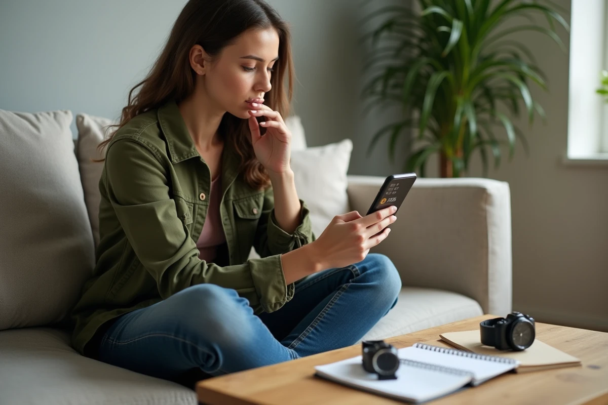 Jeune femme utilisant une application de conversion de minutes en heures sur son smartphone dans un salon moderne