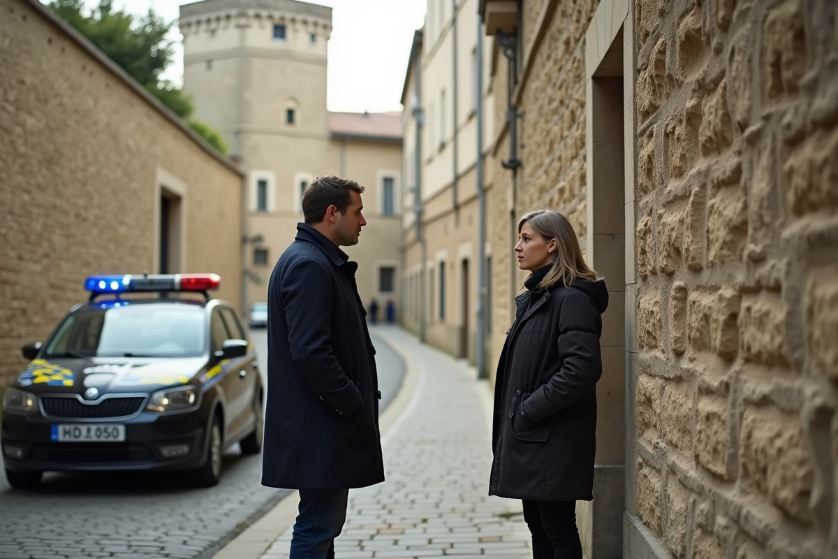 Enquêteur parlant avec une femme visiblement bouleversée près des remparts médiévaux d'Avignon avec voiture de police au sol en pavés, illustrant les violences aux personnes dans le Vaucluse