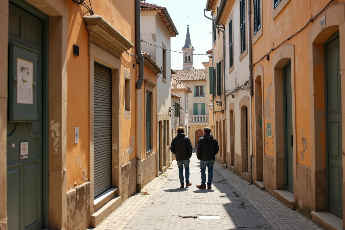 Deux résidents en conversation prudente dans une rue étroite de Béziers avec facades méditerranéennes décrépies et volet métallique tagué, illustrant la délinquance persistante dans l'Hérault