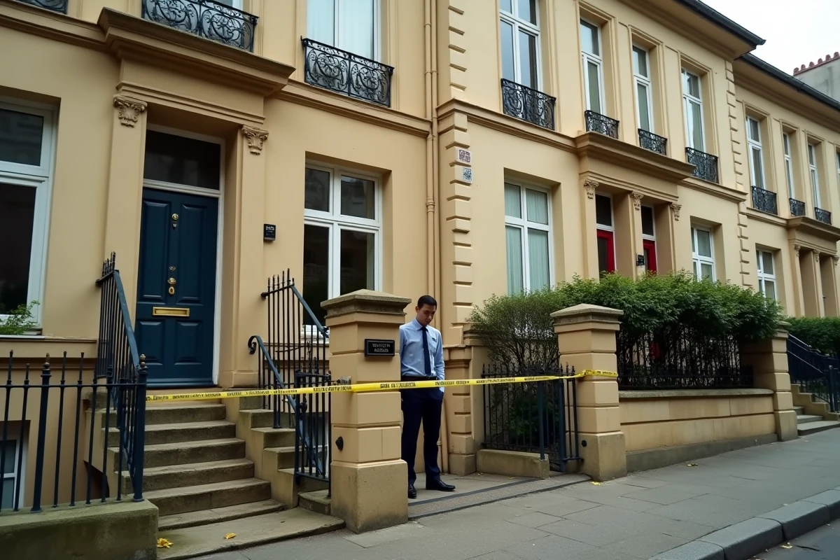 Enquêteur examinant une maison cambriolée à Bordeaux avec fenêtre brisée et rubalise de police jaune, illustrant le taux record de cambriolages en 2026