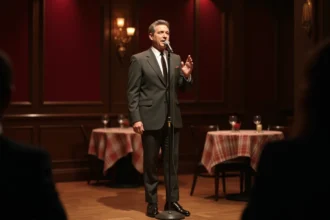 Chanteur français des années 60 en costume sombre sur scène dans un cabaret parisien avec micro vintage