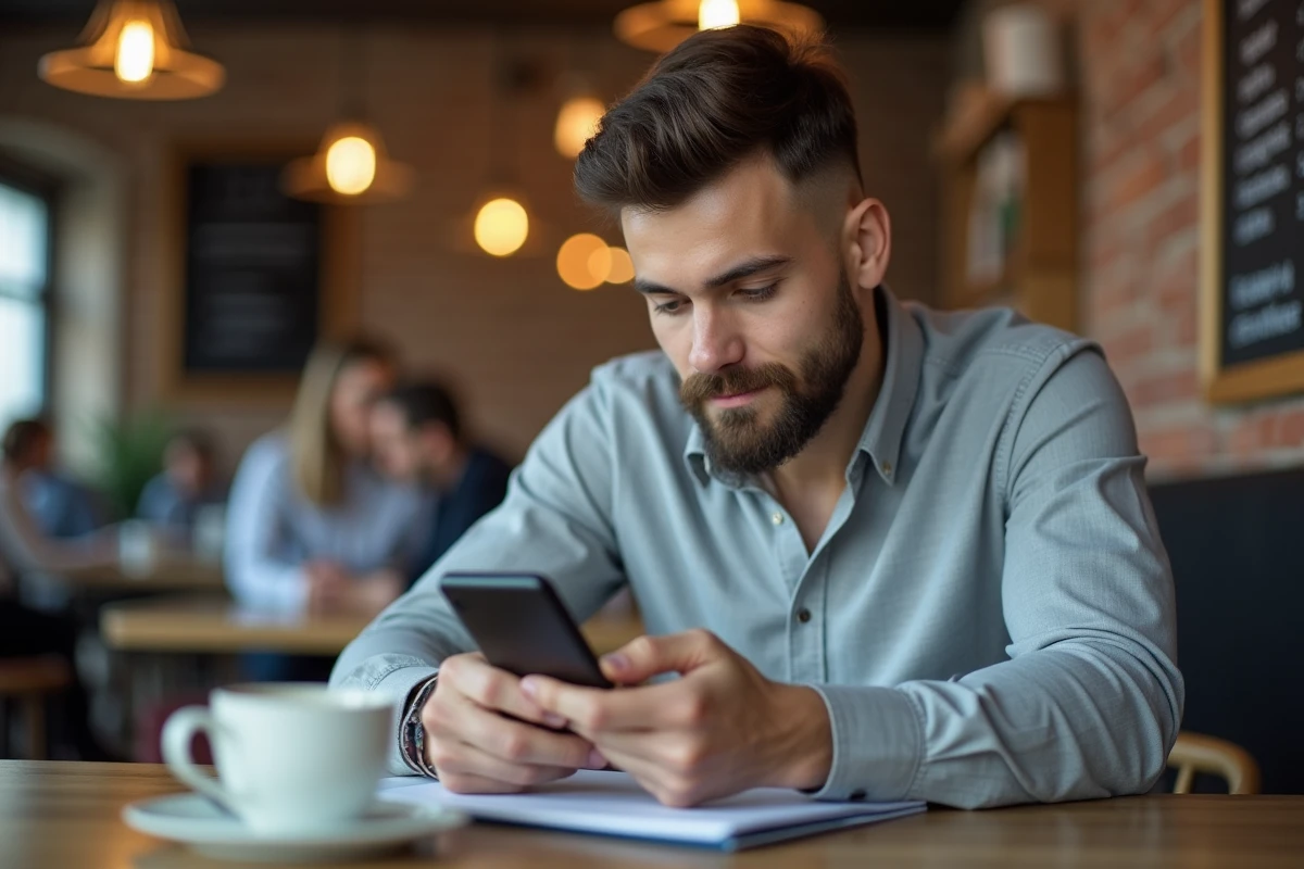 Jeune homme consultant le site de la chambre des notaires sur smartphone dans un café pour prendre rendez-vous