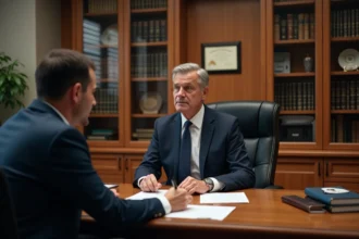 Consultation en face-à-face chez un notaire, couple assis devant un bureau en chêne dans un cabinet notarial professionnel
