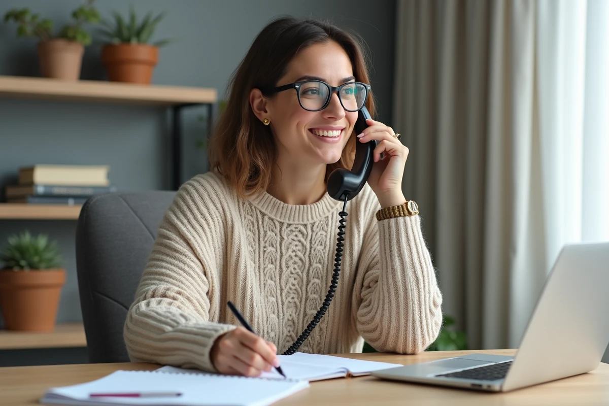 Femme consultant un notaire par téléphone depuis son bureau à domicile avec un bloc-notes et un ordinateur portable