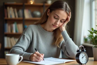 Femme calculant la conversion de minutes en heures dans un carnet sur un bureau en bois avec une horloge analogique