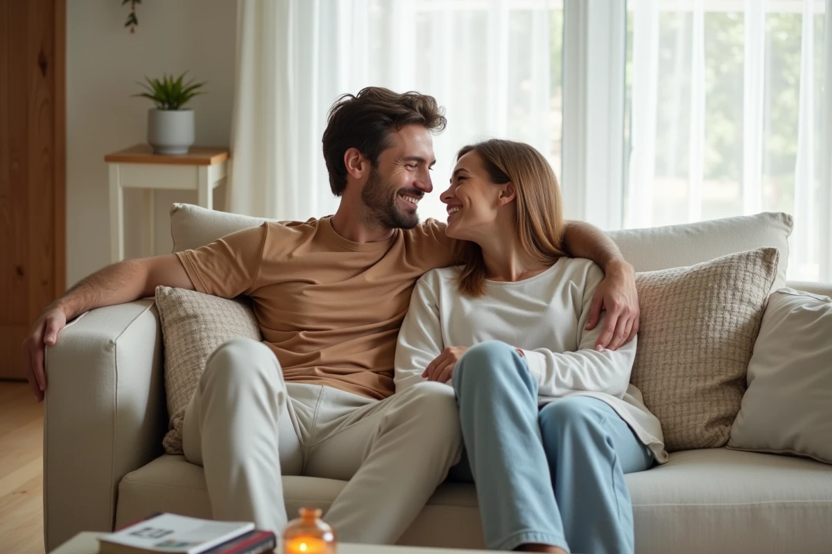 Couple complice et souriant en tenue décontractée sur un canapé scandinave, partageant un moment de tendresse et de connivence