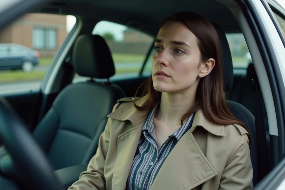 Femme assise dans une voiture garée avec une expression anxieuse, illustrant l'angoisse liée aux rêves d'accidents de voiture