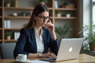 Femme concentrée lisant une politique de confidentialité sur son ordinateur portable dans un bureau à domicile