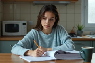 Femme étudiant les questions de naturalisation française à sa table de cuisine avec des documents officiels