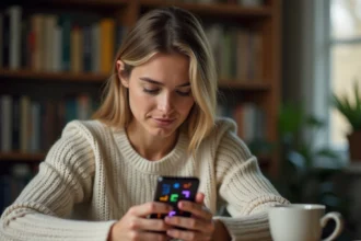 Jeune femme concentrée jouant à un jeu de mots sur smartphone avec une grille de lettres colorées, assise à un bureau en bois dans un bureau à domicile chaleureux
