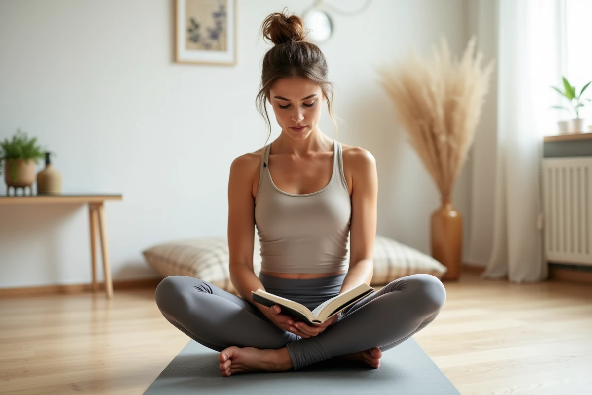 Femme épanouie assise en tailleur sur un tapis de yoga, lisant un livre sur le bien-être intime dans un espace de détente lumineux