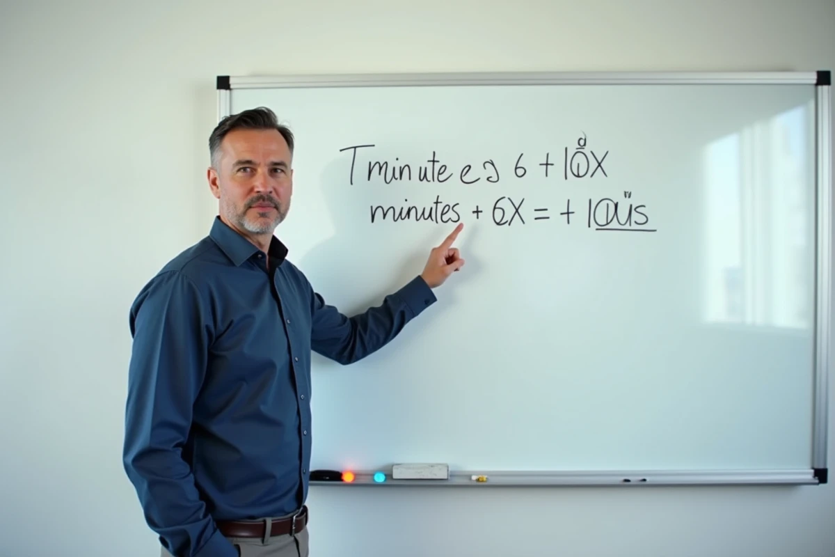 Homme expliquant la méthode de conversion minutes en heures sur un tableau blanc avec une formule mathématique