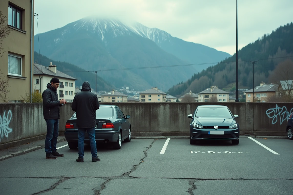 Deux hommes échangeant discrètement dans un parking dégradé de la périphérie de Grenoble avec HLM et montagnes alpines en arrière-plan, illustrant trafics et règlements de comptes