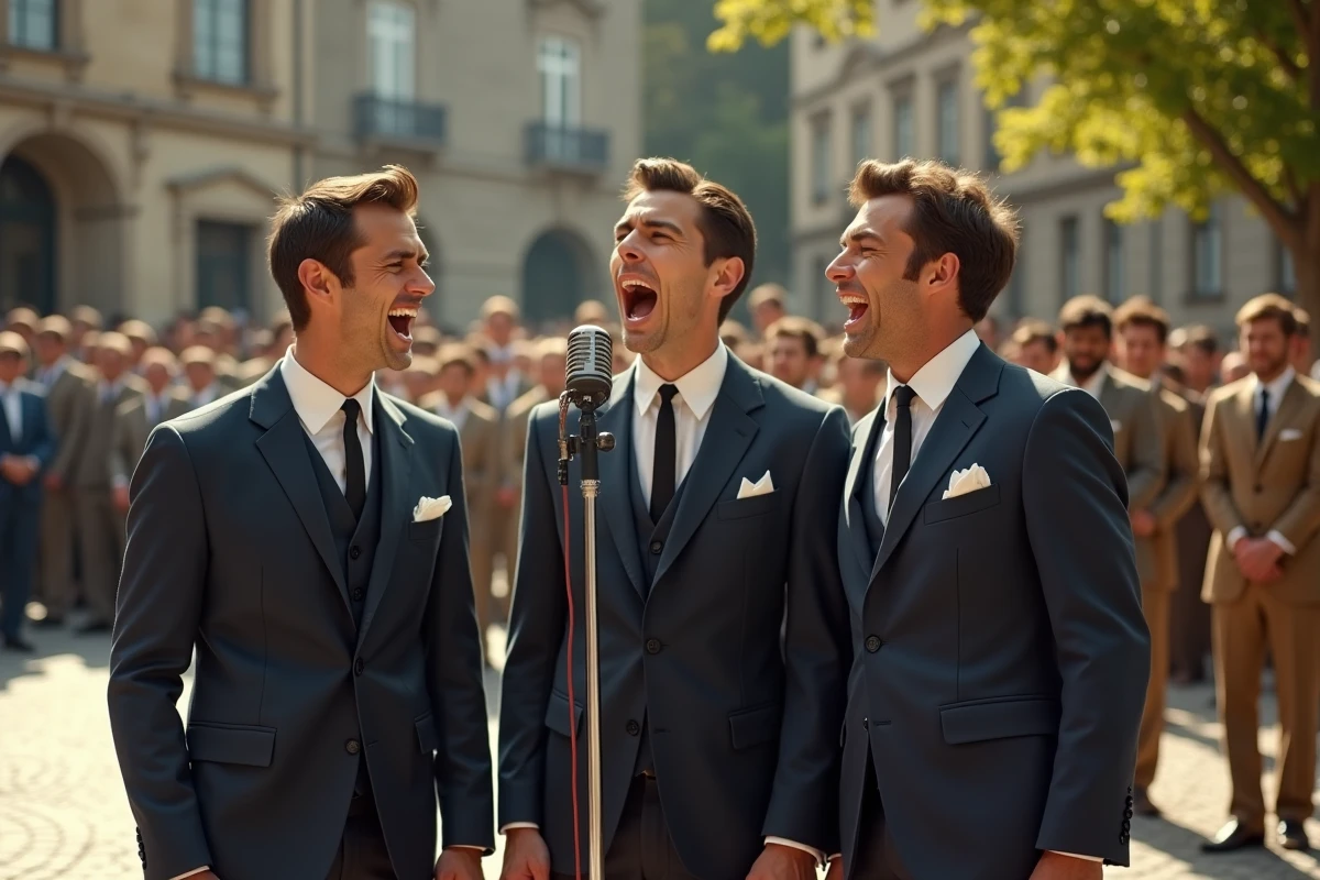 Groupe de chanteurs français des années 60 en costumes sur une scène de festival en plein air dans une ville de province