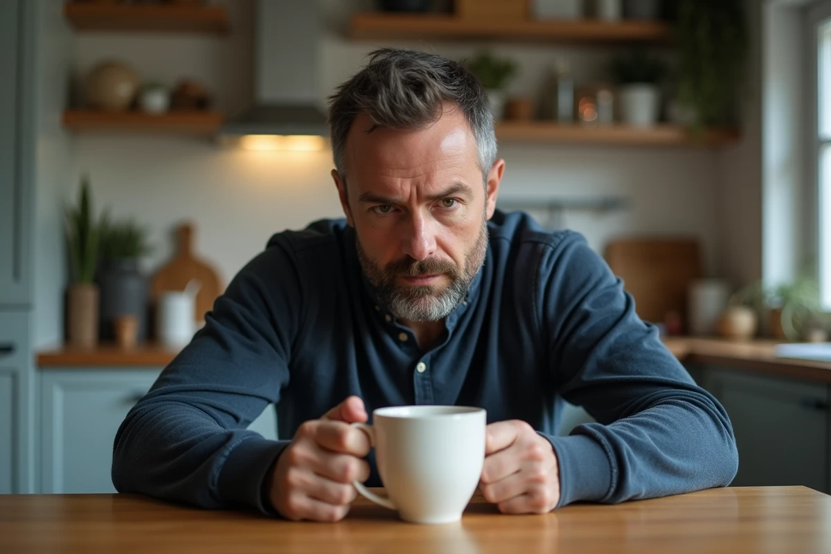 Homme pensif attablé dans une cuisine tenant un café, perdu dans ses pensées après avoir rêvé d'un accident de voiture