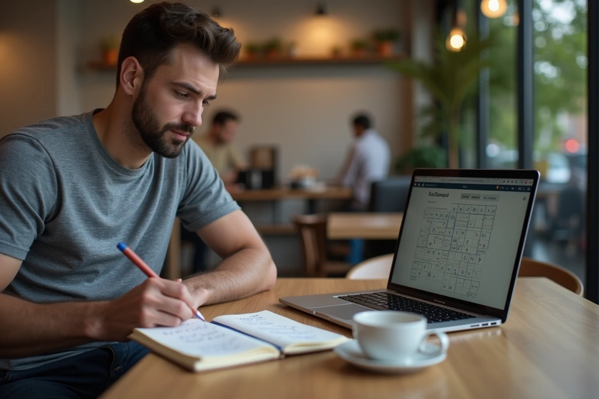 Homme en train de résoudre un jeu de mots Wordle dans un café moderne, avec un carnet de notes manuscrites et un ordinateur portable ouvert sur une grille de lettres