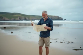Homme consultant un tableau des marées sur la plage d'Hendaye à marée basse, sable mouillé et rochers en arrière-plan