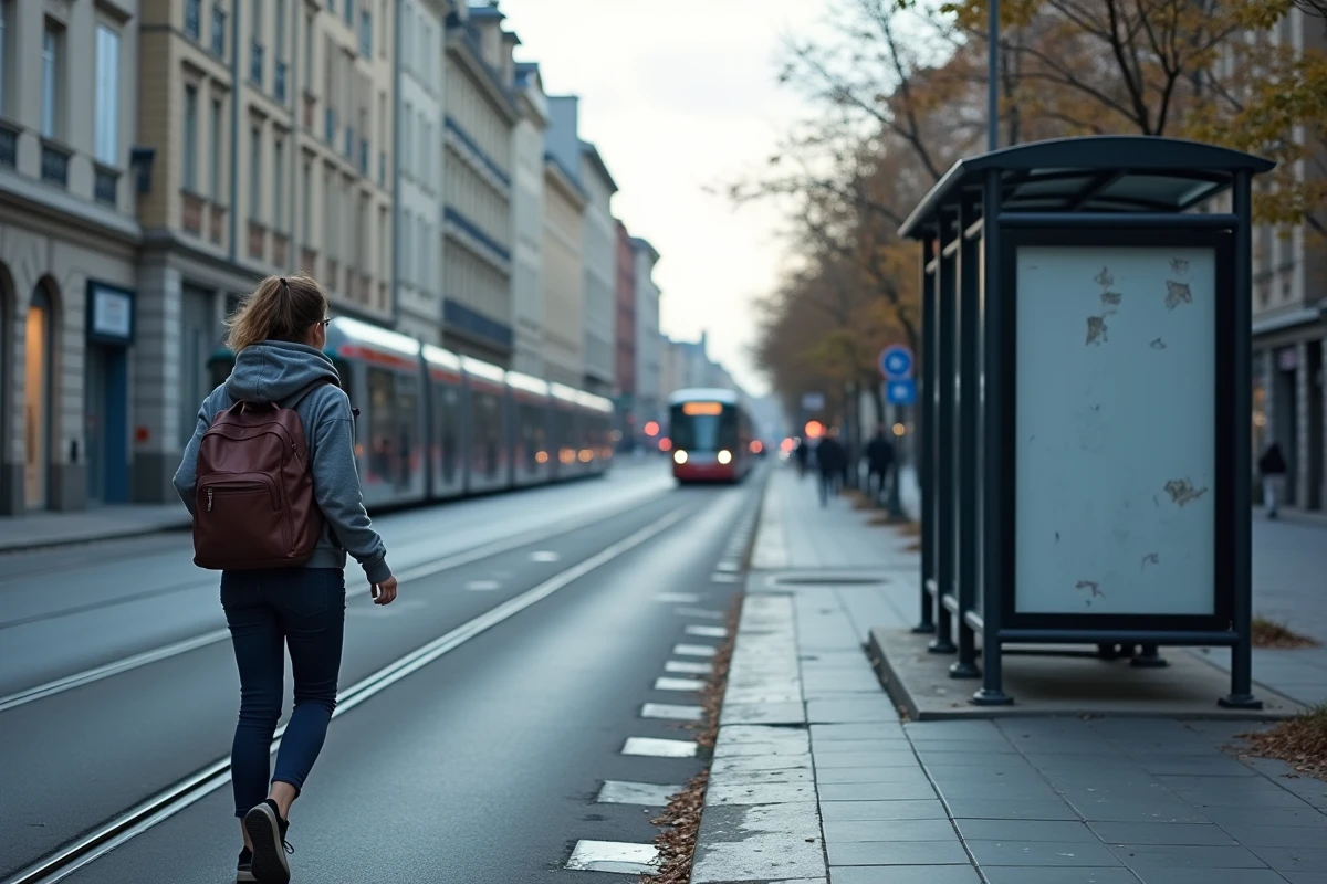 Femme marchant rapidement le long d'un boulevard de la périphérie lyonnaise avec tramway et immeubles en arrière-plan, illustrant la hausse de la délinquance à Lyon