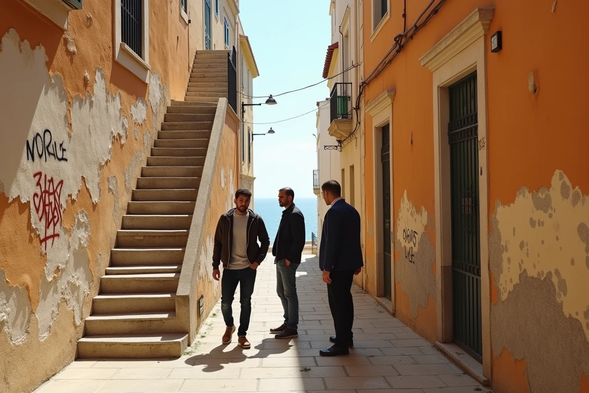 Rue dégradée d'un quartier nord de Marseille avec jeunes hommes en tenue décontractée et façades taguées, évoquant les trafics et violences dans la cité phocéenne